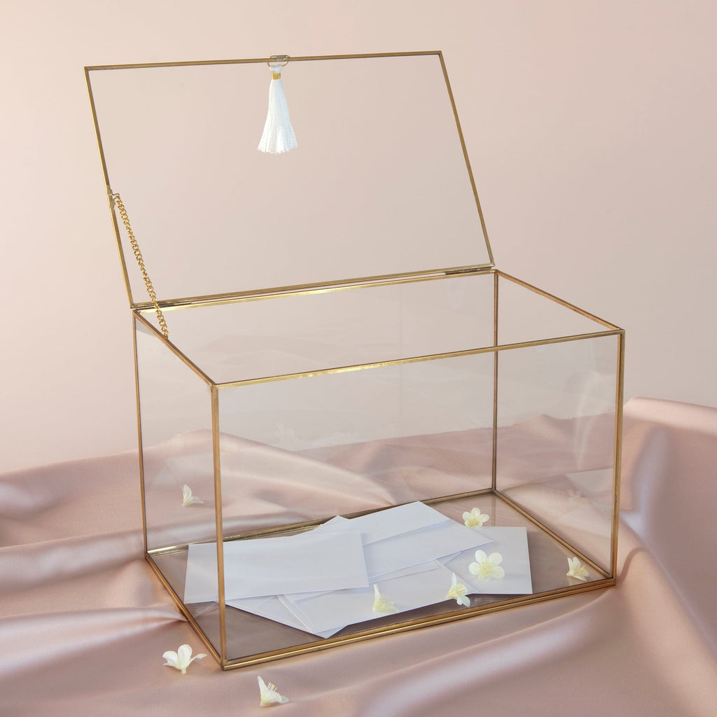 Personalized Wedding Card Box Black Glass with Gold Trim